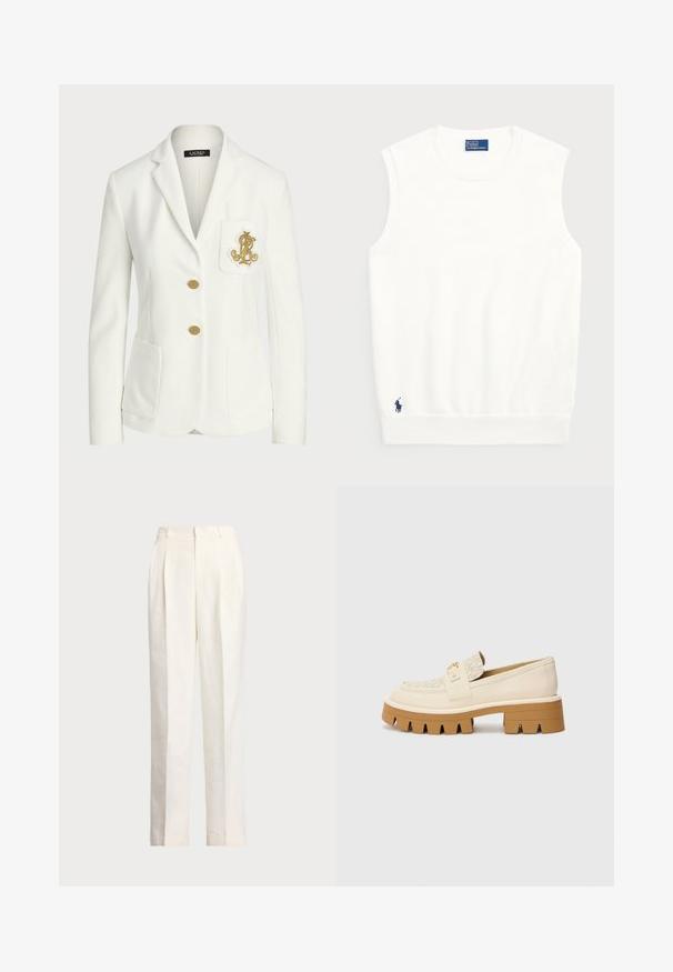 Balto žakete, kas izgatavota no teksturēta auduma ar pielāgotu piegriezumu, ir zeltainas pogas un dekoratīvs zelta izšūts logs uz kabatas.; Balts bezpaliktņa džemperis, izgatavots no gludas kokvilnas, ar ribotu apmalīti un mazu tumši zilu logotipu apakšējā kreisajā stūrī. Vienkārša dizaina, bez rakstiem.; Polo Ralph Lauren HEMP WIDE LEG PANT - Auduma bikses - nevis; Beige loafers ar strukturētu krēmkrāsas siksnu, ar masīvu brūnu zoli ar zobainiem rakstiem. Zelta akcents uz sprādzes detaļu.