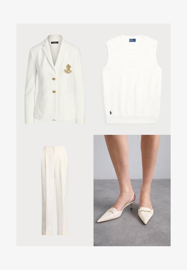 Blazer branco feito de tecido texturizado com um corte ajustado, apresentando botões dourados e um logotipo decorativo bordado a ouro no bolso.; Sweater branco sem mangas, feito de algodão liso, com uma bainha canelada e um pequeno logotipo em navy na parte inferior esquerda. Design simples, sem padrões.; Polo Ralph Lauren HEMP WIDE LEG PANT - Calças - nevis; Sapatos de salto slingback em tom bege cremoso, com bico fino e salto médio elegante, apresentando um detalhe em corrente dourada na parte superior e textura de couro suave.