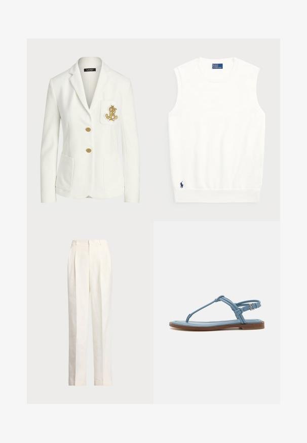 Bijela blejzer jakna od teksturiranog materijala s krojem po mjeri, s zlatnim gumbima i dekorativnim zlatnim vezom na džepu.; Bijela bezrukavna majica izrađena od glatkog pamuka, s rebrastim donjim rubom i malim mornarsko plavim logotipom na donjoj lijevoj strani. Jednostavan dizajn, bez uzoraka.; Polo Ralph Lauren HEMP WIDE LEG PANT - Hlače - nevis; Plave kožne japanke s ravnim potplatom, koje imaju tanak dizajn trakica i kopčanje oko gležnja za sigurno prianjanje.