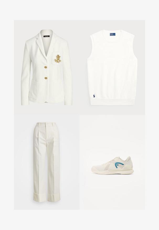 Bílý blazer vyrobený z texturované látky s přizpůsobeným střihem, s kapsičkovými zlatými knoflíky a dekorativním zlatě vyšitým logem na kapse.; Bílé bezrukávové svetr vyrobený z hladké bavlny, s ribbovaným lemem a malým námořnickým logem ve spodním levém rohu. Jednoduchý design, bez vzorů.; Bílé kalhoty na míru s vysokým pasem, dvojitými předními záhyby a širokými nohavicemi s ohrnutými lemy. Vyrobeny z hladké, strukturované tkaniny.; Lehká atletická bota v krémově bílé barvě s texturovaným síťovaným svrškem, modrým akcentem loga a gumovou podrážkou s gripovými vzory.