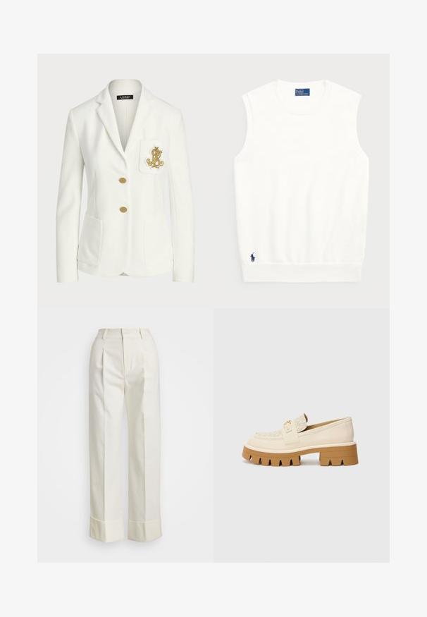 Witte blazer van textuurstof met een getailleerde pasvorm, voorzien van gouden knopen en een decoratief gouden geborduurd logo op de zak.; Witte mouwloze sweater van glad katoen, met een geribde onderrand en een klein marineblauwe logo op de linkeronderzijde. Eenvoudig ontwerp, geen patronen.; Witte, op maat gemaakte broek met een hoge taille, dubbele voorplooien en brede pijpen met omgeslagen manchet. Gemaakt van een gladde, gestructureerde stof.; Beige instappers met een gestructureerde crèmekleurige band, voorzien van een chunky bruine zool met tandachtige patronen. Gouden accent op het gespdetail.