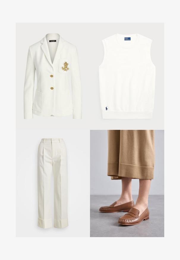 Blazer alb dintr-un material texturat, cu o croială ajustată, având nasturi aurii și un logo brodat decorativ de culoare aurie pe buzunar.; Pulover alb fără mâneci, realizat din bumbac moale, cu un tiv crenelat și un mic logo bleumarin în colțul din stânga jos. Design simplu, fără modele.; Pantaloni albi personalizați, cu talie înaltă, pliseuri duble în față și picioare largi, cu manșete pliate. Confecționați dintr-un material neted și texturat.; MICHAEL Michael Kors CARLSON LOAFER - Pantofi slip-on - brown