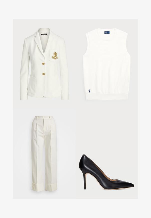 Baltas švarkas, pagamintas iš tekstūruoto audinio, su pritaikytu siluetu, turintis auksines sagas ir dekoratyvinį auksinį siuvinėtą logotipą ant kišenės.; Balta be rankovių liemenė, pagaminta iš lygios medvilnės, su raukštu apvadu ir mažuoju tamsiai mėlynu logotipu apatiniame kairiajame kampe. Paprastas dizainas, be raštų.; Baltos pritaikytos kelnės su aukštu liemeniu, dvigubomis priekinėmis raukšlėmis ir plačiomis kojomis su sulenktais kraštais. Pagamintos iš glotnaus, tekstūruoto audinio.; Juodas odinis aukštakulnis batelis su smailiu nosiu ir liesu stiletto kulnu. Lygus paviršius ir minimalus apdaila kuria klasikinį dizainą.