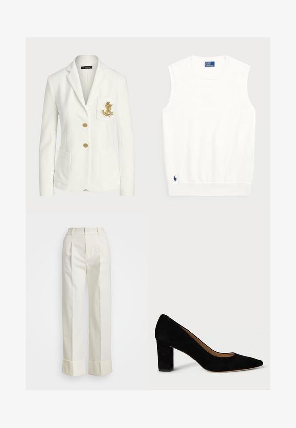 Blazer bianco realizzato in tessuto testurizzato con una vestibilità tailored, caratterizzato da bottoni dorati e un logo ricamato dorato decorativo sulla tasca.; Maglione bianco senza maniche realizzato in cotone liscio, con orlo a coste e un piccolo logo blu navy in basso a sinistra. Design semplice, senza motivi.; Pantaloni bianchi su misura con vita alta, doppie pieghe frontali e gamba larga con risvolti. Realizzati in un tessuto liscio e strutturato.; Scarpa con tacco alto in suede nero, con punta affusolata e tacco a blocco. Il design presenta una texture liscia e una silhouette classica.