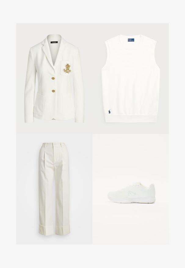 Biely blejzer vyrobený z textúrovaného materiálu s prispôsobeným strihom, ktorý má zlaté gombíky a dekoratívne zlaté vyšívané logo na vrecku.; Biely bezrukávový sveter vyrobený z hladkej bavlny, s rebrovaným lemom a malým námorníckym logom v dolnom ľavom rohu. Jednoduchý dizajn, bez vzorov.; Biele sako nohavice s vysokým pásom, dvojitými prednými záhybmi a širokými nohavicami s prehnutými manžetami. Vyrobené z hladkej, textúrovanej látky.; Biele športové tenisky s vrchnou časťou z sieťoviny, šnurovacími detailmi, zaoblenou špičkou a textúrovanou gumovou podrážkou s minimálnym brandingom.