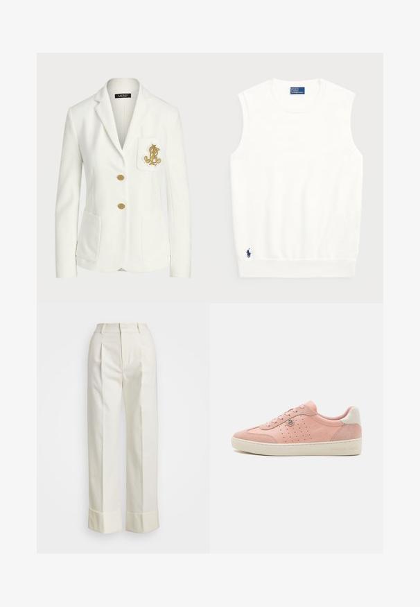 Fehér blézer textúrált anyagból, testre szabott szabással, arany gombokkal és díszes arany hímzett logóval a zseben.; Fehér ujjatlan pulóver sima pamutból, bordás szegéllyel és kis sötétkék logóval a bal alsó részen. Egyszerű dizájn, minta nélkül.; Fehér, szabott nadrág magas derékkal, dupla elülső redőkkel és széles lábakkal, hajtogatott szegésekkel. Simító, textúrált anyagból készült.; Rózsaszín velúr sportcipő sima felülettel, perforált részletekkel, krém színű talppal és egy kis logóval. Hagyományos fűzős kivitel.