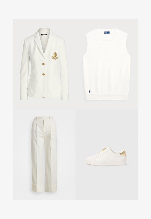 Fehér blézer textúrált anyagból, testre szabott szabással, arany gombokkal és díszes arany hímzett logóval a zseben.; Fehér ujjatlan pulóver sima pamutból, bordás szegéllyel és kis sötétkék logóval a bal alsó részen. Egyszerű dizájn, minta nélkül.; Fehér, szabott nadrág magas derékkal, dupla elülső redőkkel és széles lábakkal, hajtogatott szegésekkel. Simító, textúrált anyagból készült.; Fehér, sima bőrből készült, könnyen felhúzható sportcipők arany cipzárral és saroknál texturált felülettel, valamint oldalán dombornyomott logóval.