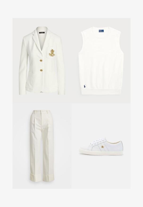 Hvit blazer laget av teksturert stoff med en tilpasset passform, som har gullknapper og en dekorativ gullbrodert logo på lommen.; Hvit ermeløs genser laget av glatt bomull, med ribbestrikket kant og en liten marineblå logo nederst til venstre. Enkelt design, ingen mønstre.; Hvite skreddersydde bukser med høy midje, doble frontfold, og vide ben med brettede mansjetter. Laget av et glatt, teksturert stoff.; Lauren Ralph Lauren JANSON II ACTION LEATHER SNEAKER - Joggesko - real white
