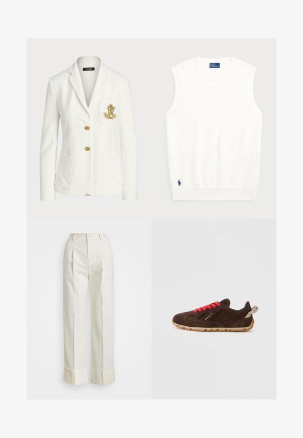 Valkoinen bleiseri, joka on valmistettu teksturoidusta kankaasta ja siinä on muotoiltu istuvuus, kultaiset napit ja koristeellinen kultainen brodeerattu logo taskussa.; Valkoinen hihaton villapaita, joka on valmistettu sileästä puuvillasta. Siinä on ribattu helma ja pieni tummansininen logo vasemmassa alakulmassa. Yksinkertainen muotoilu, ei kuvioita.; Valkoiset mittatilauspohjaiset housut, joissa on korkea vyötärö, kaksinkertaiset etukourut ja leveät lahkeet, joissa on käänteet. Valmistettu sileästä, teksturoidusta kankaasta.; Ruskean mokkanahkakengät punaisilla nauhoilla, kumipohjalla ja kultaisella logolla. Ominaisuuksiin kuuluu pyöreä kärki ja pehmeä, teksturoitu pinta.