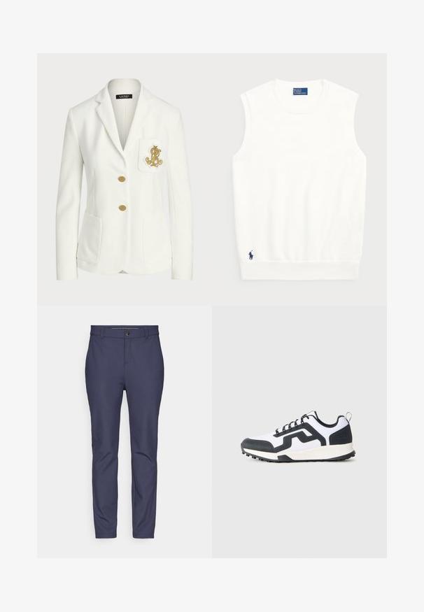 Blazer alb dintr-un material texturat, cu o croială ajustată, având nasturi aurii și un logo brodat decorativ de culoare aurie pe buzunar.; Pulover alb fără mâneci, realizat din bumbac moale, cu un tiv crenelat și un mic logo bleumarin în colțul din stânga jos. Design simplu, fără modele.; Pantaloni bleumarin dintr-un material elastic, cu o textură netedă, având un tiv standard cu închidere prin buton și picioare conicism.; Sneaker alb și negru, cu talpă din cauciuc cu model și design în zigzag pe lateral, prezentat din partea exterioară pe un fundal simplu.