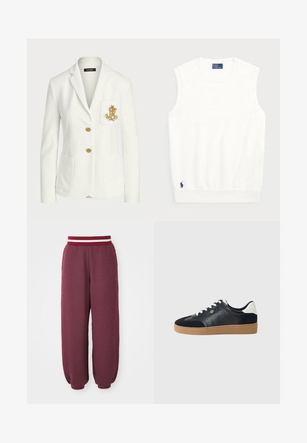 Blazer branco feito de tecido texturizado com um corte ajustado, apresentando botões dourados e um logotipo decorativo bordado a ouro no bolso.; Sweater branco sem mangas, feito de algodão liso, com uma bainha canelada e um pequeno logotipo em navy na parte inferior esquerda. Design simples, sem padrões.; Calças de moletão bordeaux com um tecido texturizado, pernas ajustadas e uma cintura com listras vermelhas e brancas em contraste. Apresenta um pequeno logótipo na lateral.; Sapatilhas de couro preto e camurça com sola de borracha castanha-clara. Apresenta atacadores brancos e pequenos furos nas laterais. Logótipo da Michael Kors presente.