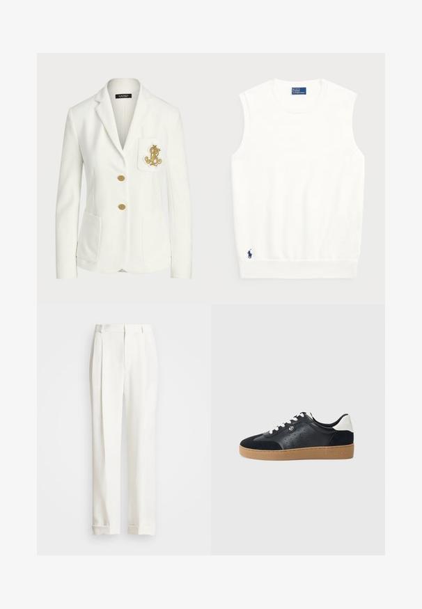 Blazer branco feito de tecido texturizado com um corte ajustado, apresentando botões dourados e um logotipo decorativo bordado a ouro no bolso.; Sweater branco sem mangas, feito de algodão liso, com uma bainha canelada e um pequeno logotipo em navy na parte inferior esquerda. Design simples, sem padrões.; Calças brancas ajustadas com dois pregas frontais, corte reto e barras com dobra. Feitas de um tecido liso, apresentando um design clássico.; Sapatilhas de couro preto e camurça com sola de borracha castanha-clara. Apresenta atacadores brancos e pequenos furos nas laterais. Logótipo da Michael Kors presente.