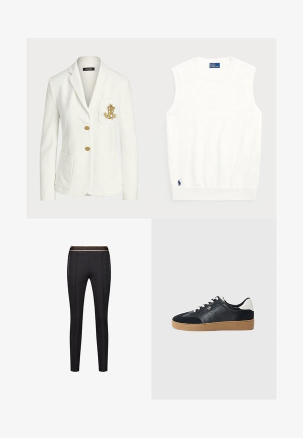 Weißer Blazer aus strukturiertem Stoff mit taillierter Passform, ausgestattet mit goldenen Knöpfen und einem dekorativen, goldenen, aufgestickten Logo auf der Tasche.; Weißer ärmelloser Pullover aus glattem Baumwollmaterial, mit einem gerippten Saum und einem kleinen marineblauen Logo unten links. Einfaches Design, keine Muster.; Gerry Weber Stoffhose - schwarz; Schwarze Leder- und Wildledersneaker mit einer hellbraunen Gummisohle. Verfügt über weiße Schnürsenkel und kleine Perforationen an den Seiten. Michael Kors-Logo vorhanden.