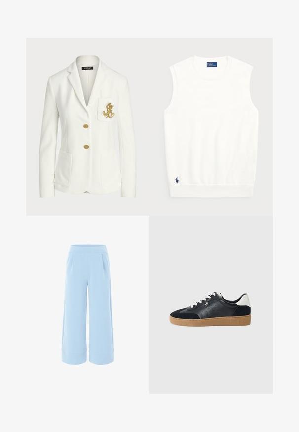 Weißer Blazer aus strukturiertem Stoff mit taillierter Passform, ausgestattet mit goldenen Knöpfen und einem dekorativen, goldenen, aufgestickten Logo auf der Tasche.; Weißer ärmelloser Pullover aus glattem Baumwollmaterial, mit einem gerippten Saum und einem kleinen marineblauen Logo unten links. Einfaches Design, keine Muster.; Helles blauweite Hosen mit glatter Textur, elastischem Bund und aufgerolltem Saum. Verfügt über zwei vordere Falten für zusätzliche Details.; Schwarze Leder- und Wildledersneaker mit einer hellbraunen Gummisohle. Verfügt über weiße Schnürsenkel und kleine Perforationen an den Seiten. Michael Kors-Logo vorhanden.