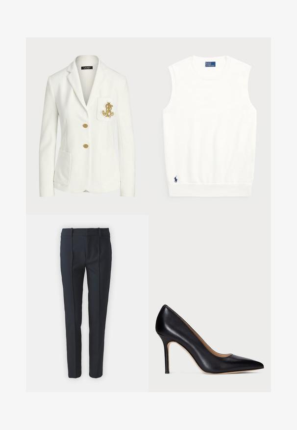 Bela blazer iz teksturirane tkanine s krojenjem, ki vključuje zlate gumbe in dekorativni zlat vezen logotip na žepu.; Bela brezrokavna jopica iz gladkega bombaža, z ribastim robom in majhnim mornarsko modrim logotipom na spodnjem levem delu. Preprost dizajn, brez vzorcev.; Temno modri krojeni hlače z gladko teksturo, z nagubanimi sprednjimi deli, zankami za pas in ravnim krojem nog, izdelane iz lahkega materiala.; Črne usnjene visoke pete s koničastim nosom in tankim stiletto peto. Gladka tekstura in minimalne podrobnosti ustvarjajo klasičen dizajn.