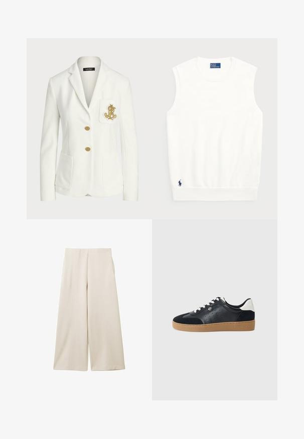 Witte blazer van textuurstof met een getailleerde pasvorm, voorzien van gouden knopen en een decoratief gouden geborduurd logo op de zak.; Witte mouwloze sweater van glad katoen, met een geribde onderrand en een klein marineblauwe logo op de linkeronderzijde. Eenvoudig ontwerp, geen patronen.; Beige wijde broek met een gladde textuur, voorzien van twee zijzakken en dubbele plooien aan de voorkant voor een gestructureerd ontwerp.; Zwarte leren en suede sneaker met een lichtbruine rubberen zool. Voorzien van witte veters en kleine perforaties aan de zijkanten. Michael Kors-logo aanwezig.