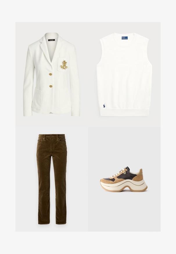 Biała marynarka wykonana z teksturowanej tkaniny o dopasowanym kroju, z złotymi guzikami i dekoracyjnym, złotym haftowanym logo na kieszeni.; Biały bezrękawnik z gładkiej bawełny, z odstającym dołem i małym granatowym logo w lewym dolnym rogu. Prosty design, bez wzorów.; Lauren Ralph Lauren - Spodnie materiałowe; Sneakers z grubą podeszwą w beżowym i ciemnobrązowym kolorze z zamszowymi akcentami, białymi sznurowadłami oraz małym złotym charmsami MK z boku.