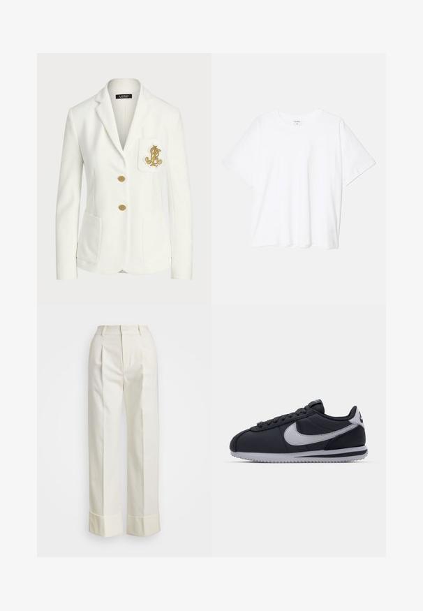 Balto žakete, kas izgatavota no teksturēta auduma ar pielāgotu piegriezumu, ir zeltainas pogas un dekoratīvs zelta izšūts logs uz kabatas.; Balta kokvilnas T-krekls ar īsām piedurknēm, apaļu dekoltē, brīva piegriezuma un šūtu apakšmalu. Etiķete redzama iekšējā kakla daļā.; Baltas, piegriezts bikses ar augstu jostu, dubultām priekšējām krokām un platajām kājām ar salocītām malām. Izgatavotas no gludas, strukturētas auduma.; Melna sporta kurpe ar pelēkām akcentiem, gluda sintētiska virsma, strukturēta zole, noapaļota purngala forma un plakani šņores. Klasisks dizains ar logo detaļu.