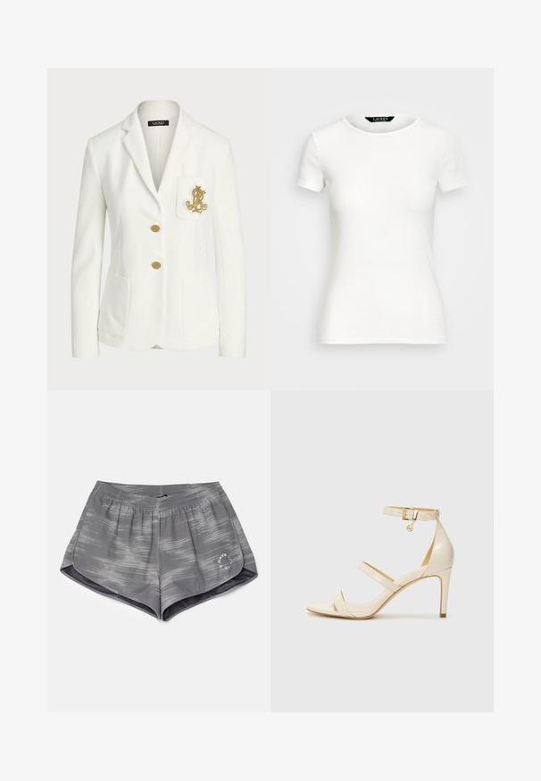 Blazer blanc en tissu texturé avec une coupe ajustée, doté de boutons dorés et d'un logo brodé doré décoratif sur la poche.; T-shirt en coton blanc avec des manches courtes, col rond, design ajusté et texture lisse. Étiquette de logo au niveau du col.; Shorts de sport gris avec un motif ondulé, taille élastique et fentes latérales pour plus de flexibilité. Présente un petit logo blanc sur l'ourlet.; Sandales à talons beiges avec une fine bride de cheville et deux brides supérieures. Fini verni brillant et détails en métal doré sur la bride de cheville.