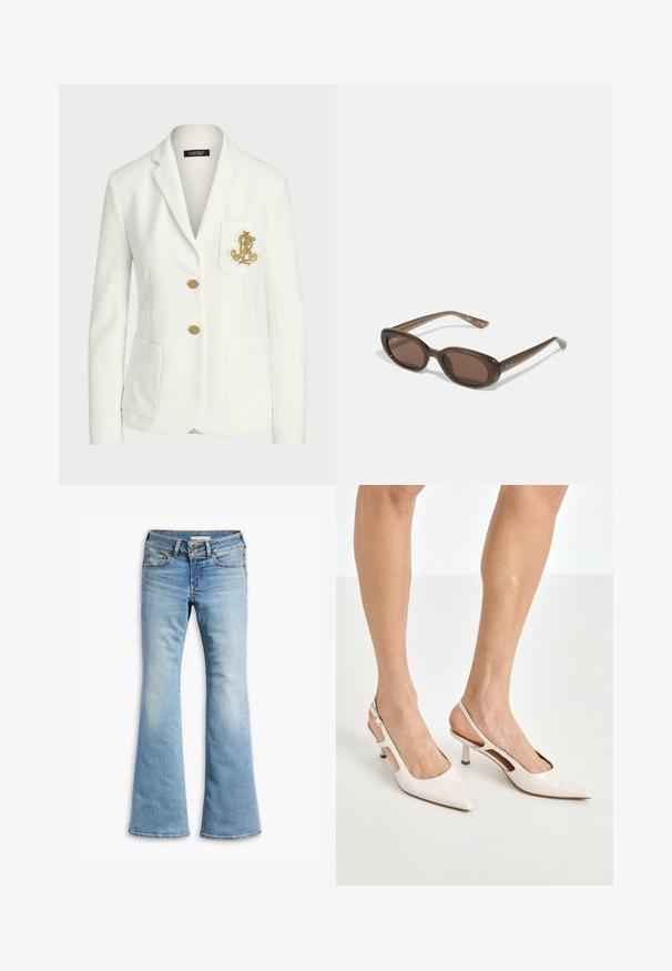 Witte blazer van textuurstof met een getailleerde pasvorm, voorzien van gouden knopen en een decoratief gouden geborduurd logo op de zak.; Witte mouwloze top met verstelbare straps, getailleerd ontwerp, gladde stoftextuur en een ronde halslijn. Geen patronen of hardware-details.; Lichtblauwe flared jeans van denim, met een knoopsluiting, vijf zakken en een lichte vervaging voor een versleten uiterlijk.; Beige gepatineerde leren slingback hakken met een spitze neus en een hak van 5 cm, met uitsparingen aan de zijkanten en een dunne enkelband.; Brown ovalen zonnebrillen met donkere lenzen. Het montuur is gemaakt van doorzichtig bruin materiaal en heeft een logo dat op de slapen is gedrukt.; Geweven beige draagtas met een slungelige vorm en een enkele schouderband. Kenmerkt zich door een textuurpatroon over het hele oppervlak.