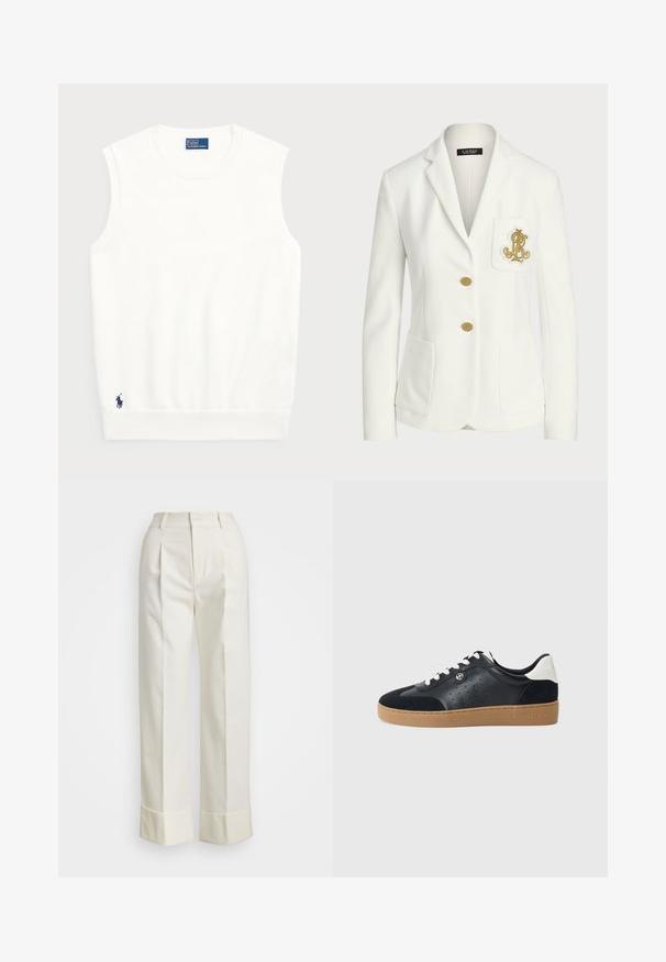 Hvit blazer laget av teksturert stoff med en tilpasset passform, som har gullknapper og en dekorativ gullbrodert logo på lommen.; Hvit ermeløs genser laget av glatt bomull, med ribbestrikket kant og en liten marineblå logo nederst til venstre. Enkelt design, ingen mønstre.; Hvite skreddersydde bukser med høy midje, doble frontfold, og vide ben med brettede mansjetter. Laget av et glatt, teksturert stoff.; Svarte lær- og semskede sneakers med en lys brunt gummisåle. Har hvite snører og små perforeringer på sidene. Michael Kors-logoen er til stede.