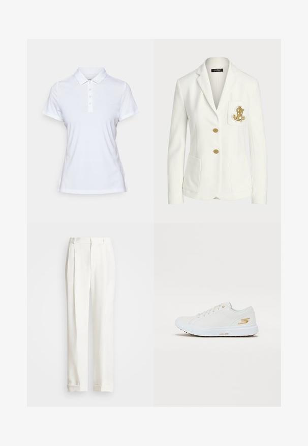 Bílý blazer vyrobený z texturované látky s přizpůsobeným střihem, s kapsičkovými zlatými knoflíky a dekorativním zlatě vyšitým logem na kapse.; Bílá polo košile vyrobená z hladké tkaniny, s klasickým límečkem, krátkými rukávy a zapínáním na pět knoflíků.; Bílé upravené kalhoty s dvěma předními sklady, rovného střihu a s přehnutými lemy. Vyrobené z hladké látky, s klasickým designem.; Bílé tenisky s hladkým syntetickým svrškem, zlatými akcenty a pevným gumovým podešví. Mají kulatou špičku, šněrovací design a polstrovaný interiér.