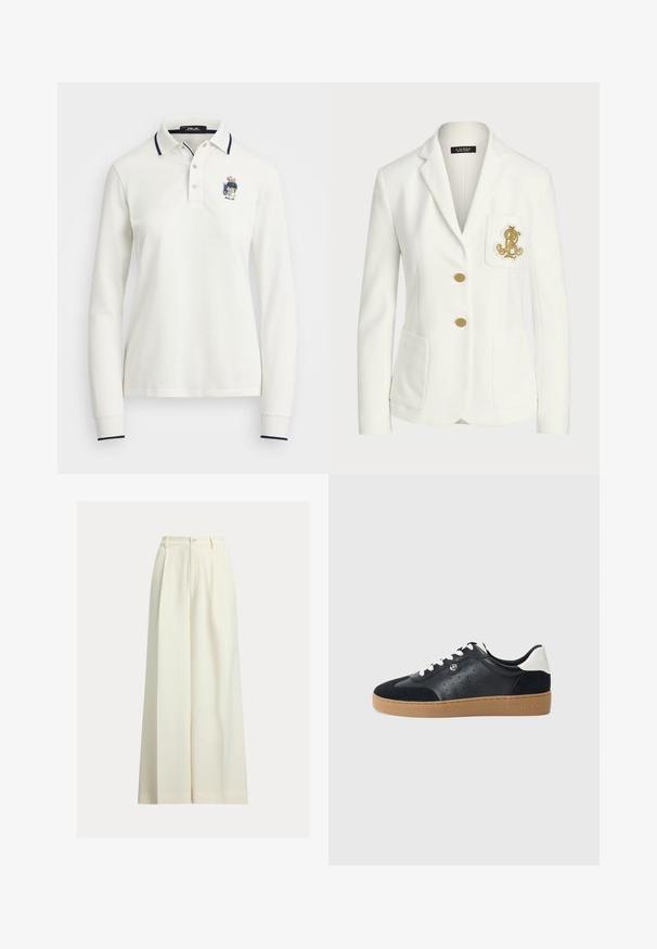 Hvit blazer laget av teksturert stoff med en tilpasset passform, som har gullknapper og en dekorativ gullbrodert logo på lommen.; Langermet hvit polo-skjorte med ribbet krage og marineblå detaljer, med et brodert logo på venstre bryst. Glatt bomullsstoff.; Kremfargede vide bukser laget av glatt stoff, med høy midje, to folder foran og enkel knapping.; Svarte lær- og semskede sneakers med en lys brunt gummisåle. Har hvite snører og små perforeringer på sidene. Michael Kors-logoen er til stede.