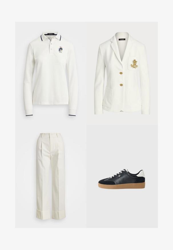 Baltas švarkas, pagamintas iš tekstūruoto audinio, su pritaikytu siluetu, turintis auksines sagas ir dekoratyvinį auksinį siuvinėtą logotipą ant kišenės.; Ilgaaukštis baltas polo marškinėliai su raukšlėta apykakle ir tamsiai mėlynais akcentais, turintys siuvinėtą logotipą kairėje krūtinės pusėje. Lygus medvilnės audinys.; Baltos pritaikytos kelnės su aukštu liemeniu, dvigubomis priekinėmis raukšlėmis ir plačiomis kojomis su sulenktais kraštais. Pagamintos iš glotnaus, tekstūruoto audinio.; Juodas odinis ir zomšinis sportinis batelis su šviesiai rudu guminiu padu. Yra baltos raišteliai ir mažos perforacijos šonuose. Michael Kors logotipas.