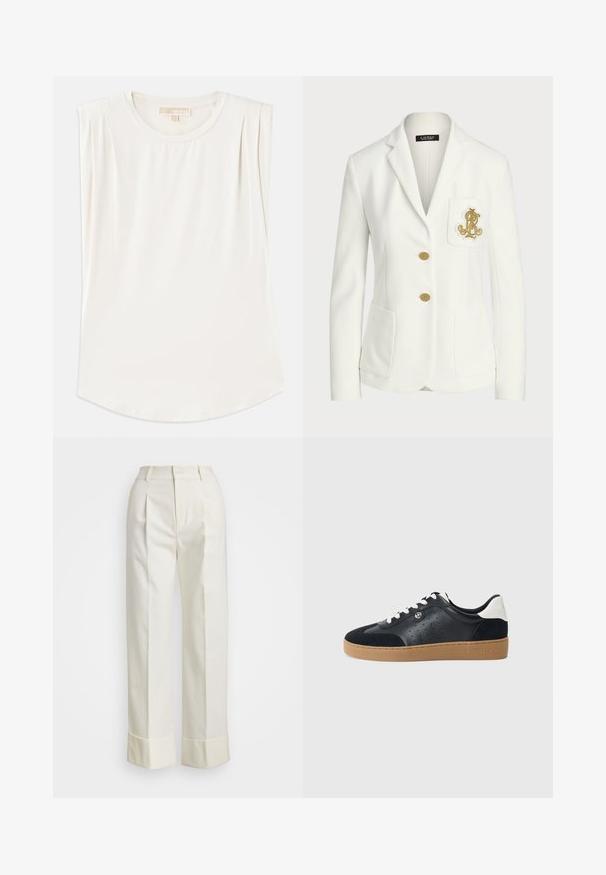 White blazer made of textured fabric with a tailored fit, featuring gold buttons and a decorative gold embroidered logo on the pocket.; White sleeveless top made of smooth fabric, featuring a round neck and subtle pleats on the shoulders, with a curved hemline.; White tailored pants featuring a high waist, double front pleats, and wide legs with folded cuffs. Made from a smooth, textured fabric.; Black leather and suede sneaker with a light brown rubber sole. Features white laces and small perforations on the sides. Michael Kors logo present.