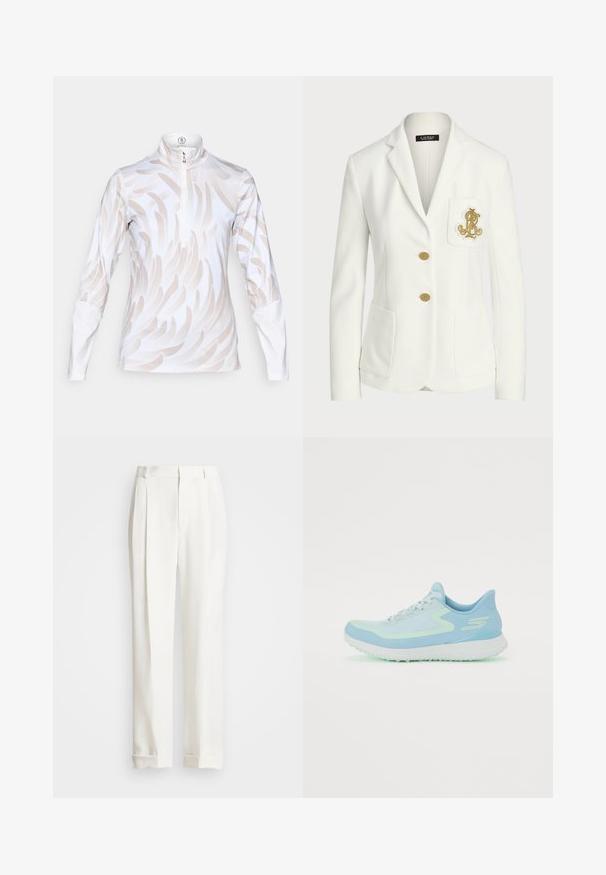 Balto žakete, kas izgatavota no teksturēta auduma ar pielāgotu piegriezumu, ir zeltainas pogas un dekoratīvs zelta izšūts logs uz kabatas.; Ilgi piedurknē sporta krekls baltā krāsā ar gaiši brūnu viļņu rakstu, ar augstu apkakli un ceturtdaļas rāvējslēdzēju. Gluda, elastīga auduma.; Balties pielāgotie bikses ar divām priekšējām krokām, taisnu griezumu un salocītām apakšmalām. Izgatavotas no gludas auduma, ar klasisku dizainu.; Gaiši zila sporta apava ar sietiņa augšdaļu, apaļu purngalu, mīkstu zoli un atstarotājiem. Iespējas ar saistošām auklām un atbalstošu papēdi.