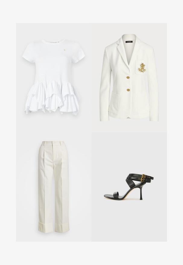 Bílý blazer vyrobený z texturované látky s přizpůsobeným střihem, s kapsičkovými zlatými knoflíky a dekorativním zlatě vyšitým logem na kapse.; Bílý tričko s krátkými rukávy, se směšným lemem. Vyrobeno z hladké bavlny, má kulatý výstřih a malé logo v blízkosti hrudníku.; Bílé kalhoty na míru s vysokým pasem, dvojitými předními záhyby a širokými nohavicemi s ohrnutými lemy. Vyrobeny z hladké, strukturované tkaniny.; Černé sandály na podpatku s kříženými popruhy a nastavitelnou sponou. Mají hladký povrch a špičatý stiletto podpatek.