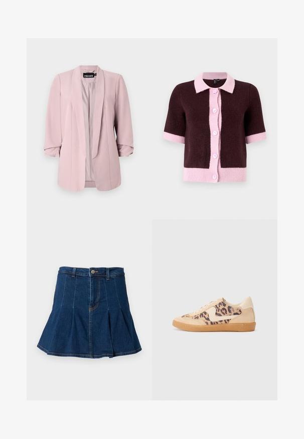 Hele roosa bleiser, mis on valmistatud siledast kangast, millel on šaalikaelus, keeratud varrukad ja ees olevad õmblused. Sees on vooder sobivas värvitoonis.; Lühikeste varrukatega kardigan tumesaharas kudumismaterjalist, millel on helesinine krae ja nööpide rida, kontrastsetest roosadest lainetest ja varrastest.; Musthave musta lühikeste varrukatega top, millel on ümmargune kaelus, lõikega detail ja seotud esitasku. Valmistatud pehmest ja kergest kangast.; Tume sinine teksaseelik, millel on voltimise disain, viis taskut, ees nööp sulgemine ja kontrastse õmblusega detailid.; Leopardi mustriga tossud, millel on beež sueded ülemine osa, pruuni kummist põhi ja valged aktsendid. Ümar nina ja lipsukujundus, millel on tekstureeritud viimistlus.