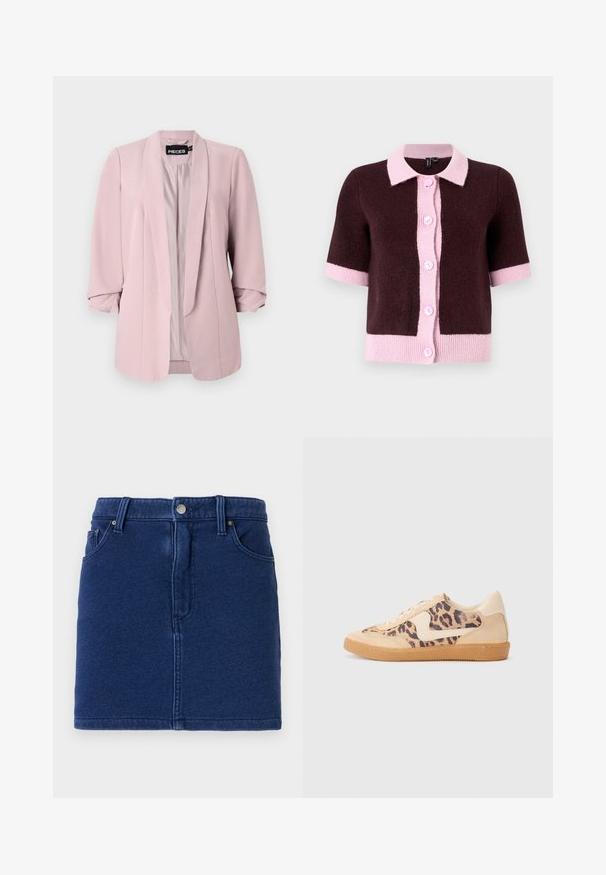 Blazer roz deschis, realizat dintr-un material fin, cu guler tip șal, mâneci rulou și cusături frontale. Interiorul este căptușit într-o nuanță corespunzătoare.; Cardigan cu mânecă scurtă din material tricotat de culoare maro închis, cu guler roz deschis și închidere cu nasturi, având tiv și manșete roz contrastante.; Top negru cu mâneci scurte și decolteu rotund, prezentând un detaliu decupat și închidere cu fundiță în față. Confeționat dintr-un material moale și ușor.; Fustă din denim de culoare albastru închis, cu un design ajustat, închidere prin nasturi în față și două buzunare laterale. Prezintă cusături vizibile și un tiv drept.; Tenisi cu imprimeu de leopard, cu partea superioară din suede bej, talpă din cauciuc maro și accente albe. Vârf rotund și design cu șireturi, cu un finisaj texturat.