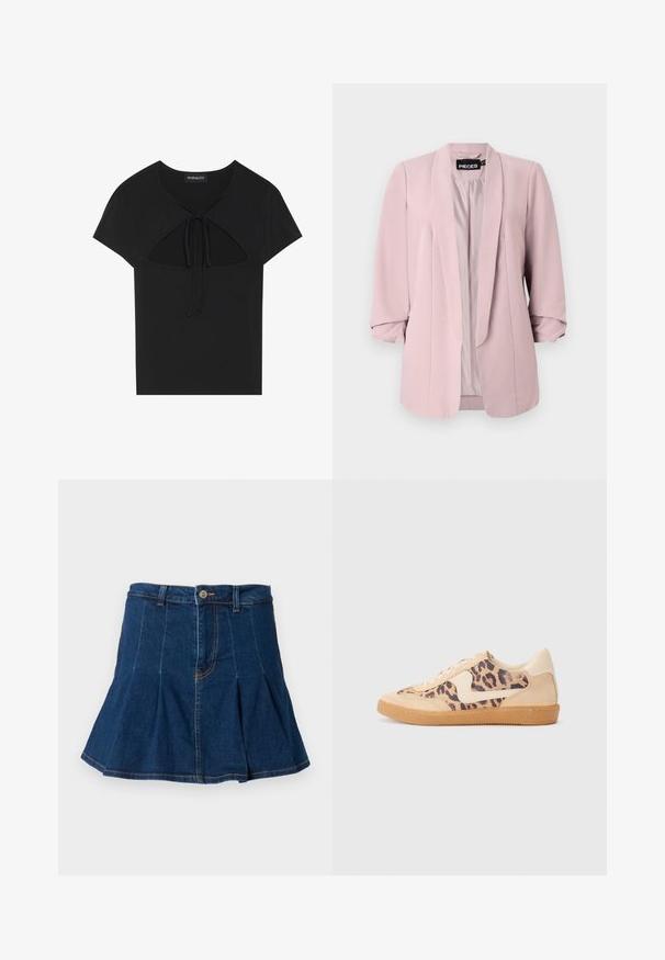 Šviesiai rožinė švarkas, pagamintas iš lygios medžiagos, su šalikiniu apykakle, sukritais rankovėmis ir priekiniais siūlėmis. Vidus pamuštas suderinta spalva.; Tamsiai rudos spalvos trumpomis rankovėmis kardiganas, pagamintas iš mezginio, su šviesiai rožine apykakle ir mygtukų užsegimu, taip pat su kontrastiniu rožiniu kraštu ir rankogaliais.; Juodas trumpas rankovės viršus su apvaliu kaklu, su išpjovomis ir užrišimu priekyje. Pagamintas iš minkštos, lengvos medžiagos.; Tamsiai mėlyna džinsinė sijonas su klostytų dizainu, penkiais kišenėmis, priekiniais mygtukais ir kontrastingomis siuvimo detalėmis.; Leopardų rašto sportiniai batai su smėlio spalvos zomšiniu viršumi, rusvu guminiu padu ir baltais akcentais. Apvalus nosis ir raištelių užsegimas su tekstūruotu paviršiumi.