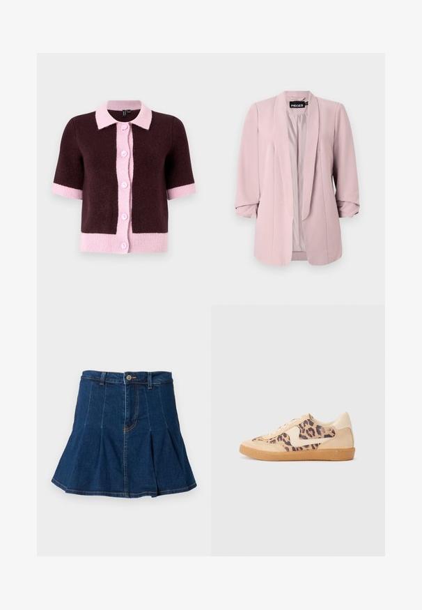 Világos rózsaszín blazer sima anyagból, sálgallérral, felgöngyölt ujjakkal és elülső darts-okkal. A belső rész illeszkedő színű béléssel van ellátva.; Rövidujjú kardigán sötétbarna kötött anyagból, világos rózsaszín gallérral és gombos pánttal, kontrasztos rózsaszín szegéllyel és mandzsettákkal.; Fekete, rövid ujjú felső kerek nyakkivágással, elöl kivágott rész és megkötős zárás jellemzi. Puha, könnyű anyagból készült.; Sötétkék farmer szoknya, redőzött kialakítással, öt zsebbel, elülső gombos záródással és kontrasztos varrási részletekkel.; Leopárdmintás sportcipő bézs velúr felsőrésszel, világosbarna gumitalppal és fehér kiegészítőkkel. Kerek orr, fűzős kialakítás, és textúrázott felület jellemzi.