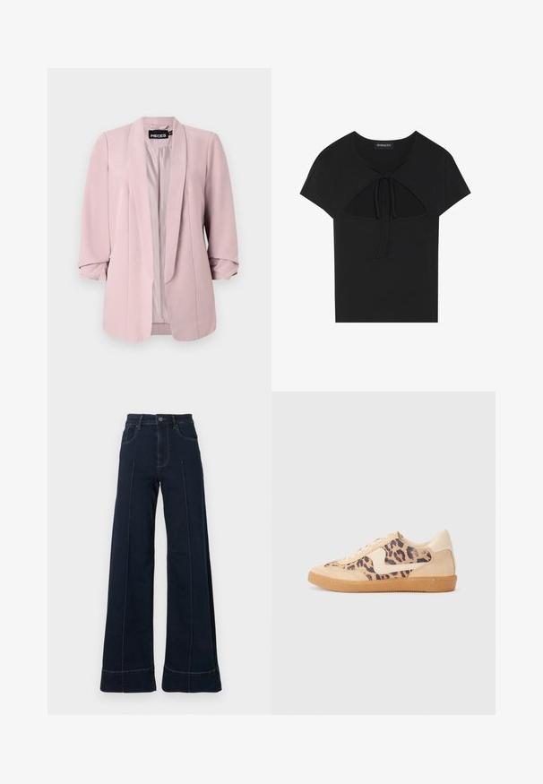 Svijetloružičasti sako od glatkog materijala, s rebrastim ovratnikom, okrenutim rukavima i prednjim šavovima. Unutrašnjost je podstavljena u odgovarajućoj boji.; Crni top kratkih rukava s okruglim izrezom, s detaljem izreza i vezanjem sprijeda. Izrađen od mekog, laganog materijala.; Tamno plave, široke traperice s visokim strukom, koje imaju prednje džepove i vidljivo šivanje. Izrađene od traper tkanine s glatkom teksturom.; Tenisice s uzorkom leoparda, bež nubuk gornjištem, smešnim gumenim đonom i bijelim detaljima. Okrugli vrh i dizajn s vezicama s teksturiranom završnom obradom.