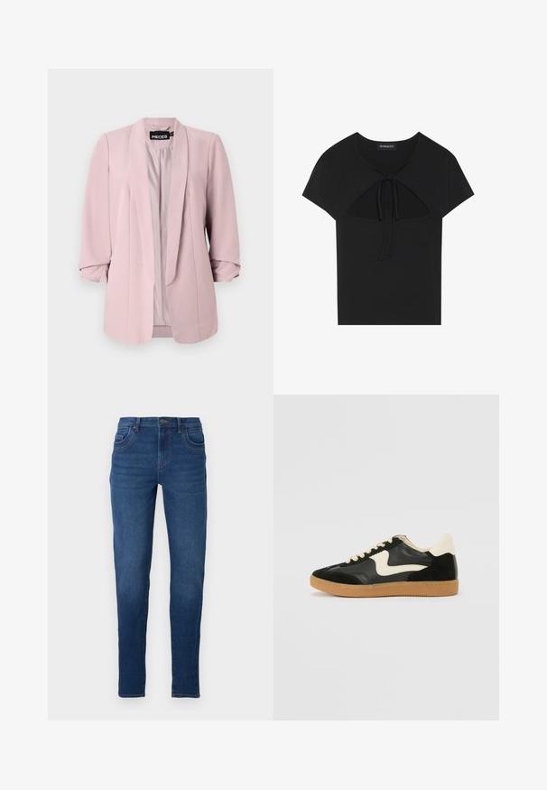 Svetlo roza blejzer iz gladkega materiala, z enorobnim ovratnikom, zvitimi rokavi in sprednjimi šivi. Notranjost je podložena v usklajeni barvi.; Črna majica s kratkimi rokavi in okroglo ovratnico, ki ima izrez in zavezan zaključek spredaj. Narejena iz mehke, lahke tkanine.; Temno modri kavbojki s slim fit krojem, ki imajo pet žepov, pasne zanke ter zadrgo s gumbom. Gladka tekstura.; Črne semiš in usnjene superge s kremasto stransko puščico in svetlo kremasto peto. Imajo bež čipke in gumijast podplat.