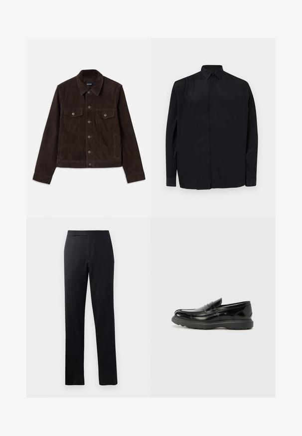 Chaqueta de ante marrón con un diseño ajustado, cierre de botones en la parte frontal, dos bolsillos en el pecho y bolsillos laterales, con cuello y mangas largas.; Camisa negra de manga larga hecha de tejido suave, con un cuello clásico, tapeta de botones y un corte relajado con mangas abotonadas.; Pantalones negros con un diseño de pierna recta, con una textura suave y una cinturilla plana, adecuados para uso formal o casual.; Mocasín de cuero negro con un acabado brillante, punta redondeada, detalles de costura sutiles y una suela de goma gruesa para mayor durabilidad.