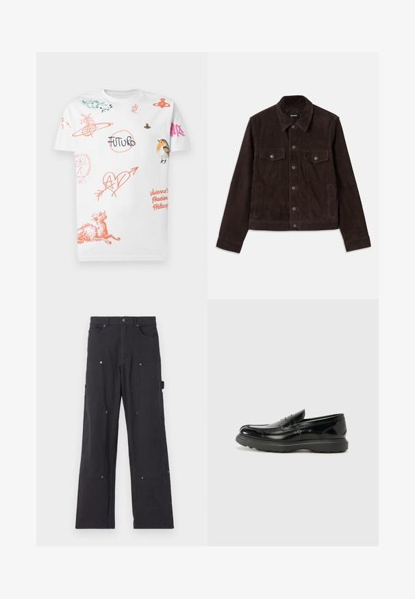 Καφέ σουέτ μπουφάν με εφαρμοστή γραμμή, μπροστινό κούμπωμα, δύο τσέπες στο στήθος και πλαϊνές τσέπες, με γιακά και μακριά μανίκια.; Λευκό μπλουζάκι με πορτοκαλί και ροζ σχέδια, συμπεριλαμβανομένων ενός σκύλου, ενός πουλιού, μιας καρδιάς με βέλος, της λέξης "ΜΕΛΛΟΝ" και χειρόγραφου κειμένου στο μπροστινό μέρος και στα μανίκια.; Μαύρο cargo παντελόνι από ανθεκτικό ύφασμα με ίσια γραμμή, διαθέτει μπροστινές τσέπες, κουμπιά με κλιπ και πλαϊνές τσέπες εργαλείων.; Μαύρο δερμάτινο λούστρο με γυαλιστερή φινίρισμα, στρογγυλή μύτη, διακριτικές ραφές και παχύ καουτσούκ σόλα για ανθεκτικότητα.