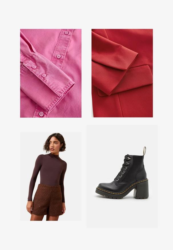 Tessuto rosso caratterizzato da una superficie texturizzata con una manica piegata e un piccolo dettaglio della tasca. Sono visibili linee nette ed elementi di design moderno.; Maglione a collo alto di colore nero realizzato in morbido tessuto a maglia, con maniche lunghe e una vestibilità comoda. Tessuto liscio senza motivi o dettagli visibili.; Camicia a maniche lunghe rosa con polsini abbottonati, caratterizzata da una texture liscia e bottoni rosa chiaro abbinati lungo la patta frontale.; Body a maniche lunghe marrone abbinato a pantaloni corti in maglia marrone testurizzata. Il body ha un collo alto, mentre i pantaloni corti presentano un design strutturato.; Stivaletto in pelle nera con tacco alto chunky, lacci frontali, occhielli in metallo e cuciture gialle lungo la suola. Suola in gomma testurizzata.