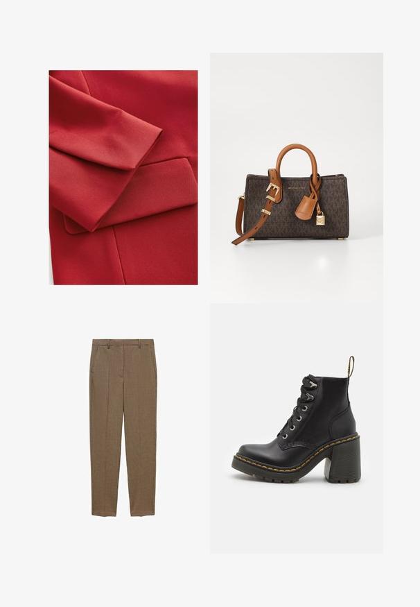 Rode stof met een gestructureerd oppervlak, voorzien van een omgevouwen mouw en een klein pocketdetail. Schone lijnen en moderne designelementen zijn zichtbaar.; Zwarte coltrui van zacht breiwerk, met lange mouwen en een relaxte pasvorm. Gladde textuur zonder zichtbare patronen of accenten.; Bruine gecheckte broeken met een getailleerde pasvorm, voorzien van een vlakke voorkant, zijzakken en een gladde textuur. Klassiek ontwerp voor veelzijdige styling.; Zwarte leren enkelboot met een dikke hoge hak, vetersluiting aan de voorkant, metalen oogjes en gele stiksels langs de zool. Getextureerde rubberen zool.; Bruine monogram tas met tan leren accenten, dubbele handvatten en een verstelbare schouderband. Voorzien van een gouden slot en merketiket.