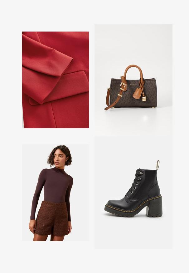 Raudonas audinys su tekstūru, sulenkta rankove ir maža kišenės detalė. Matomos švarios linijos ir modernūs dizaino elementai.; Juoda vartinė megztinis, pagamintas iš minkštos mezgamos medžiagos, su ilgomis rankovėmis ir laisvu siluetu. Lygus paviršius, be jokių matomų raštų ar akcentų.; Rudas ilgomis rankovėmis bodžis, derinamas su tekstūruotais rudo trikotažo šortais. Bodžis turi aukštą apykaklę, o šortai išsiskiria stuktūrizuotu dizainu.; Juodos odinės kulkšninių botų su masyviu aukštu kulnu, raištelių uždarymu, metaliniais akies ir geltonais siūlais aplink pado kraštą. Grubus gumos padas.; Ruda monogramuota rankinė su šviesiai rudos odos akcentais, dviem rankenomis ir reguliuojamu peties diržu. Savybė – auksinis užraktas ir prekės ženklą žymintis ženkliukas.