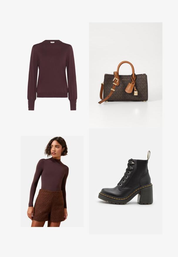 Piros anyag, amelynek textúrázott felszíne van, hajtott ujjú és kis zsebfedéllel rendelkezik. Tiszta vonalak és modern dizájnelemek láthatók.; Burgundi hosszú ujjú pulóver magas nyakkal, bordázott textúrával és gombdíszítéssel az ujjakon. Könnyű kötött anyag.; Vékony, hosszú ujjú barna body, amelyet texturált barna kötött rövidnadrággal párosítottak. A body magas nyakú, míg a rövidnadrág struktúrált kialakítással rendelkezik.; Fekete bőr bokacsizma, telitalpú, csipkés elülső résszel, fém szemekkel és sárga varrással a talpon. Texturált gumi talp.; Barna monogrammos kézitáska világosbarna bőrkivágásokkal, dupla fogantyúval és állítható vállpánttal. Arany zár és márkajelzés jellemzi.