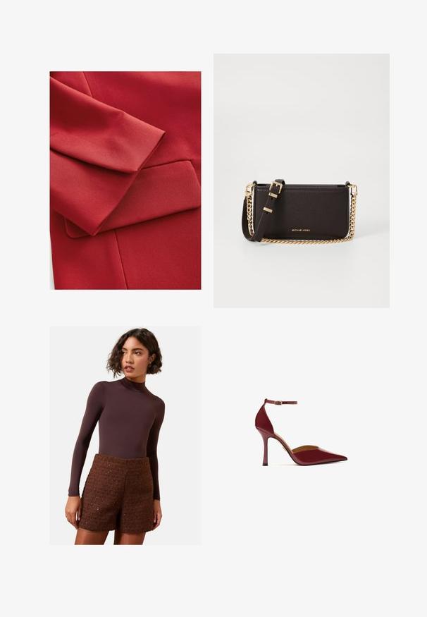 Raudonas audinys su tekstūru, sulenkta rankove ir maža kišenės detalė. Matomos švarios linijos ir modernūs dizaino elementai.; Balta marškinėliai su ilgomis rankovėmis, struktūruota apykakle ir suapvalintu kraštu. Pagaminti iš lygios, vienspalvės medžiagos be matomų raštų ar akcentų.; Rudas ilgomis rankovėmis bodžis, derinamas su tekstūruotais rudo trikotažo šortais. Bodžis turi aukštą apykaklę, o šortai išsiskiria stuktūrizuotu dizainu.; Bordo aukštakulniai bateliai su blizgiu paviršiumi, smailiu nosiu, kulkšnies dirželiu su auksine sagtimi ir liekna stileto pakulne.; MICHAEL Michael Kors BRYANT SM XBODY POUCHETTE - Rankinė per petį - chocolate