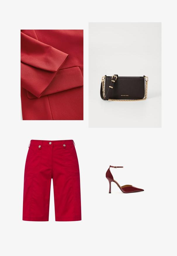 Červená látka s texturovaným povrchem, skládací rukáv a malou kapsou. Jsou viditelné čisté linie a moderní designové prvky.; Bílé košile s knoflíky, dlouhými rukávy, strukturovaným límcem a zaobleným lemem. Vyrobeno z hladké, jednolité tkaniny bez viditelných vzorů nebo akcentů.; Červené cargo kraťasy vyrobené z bavlny, se dvěma bočními kapsami, dekorativním šitím a stříbrnými knoflíkovými zapínáními v pase.; Burgundské lodičky na vysokém podpatku s lesklým povrchem, špičatou špičkou, kotníkovým páskem se zlatou sponou a štíhlým jehlovým podpatkem.; MICHAEL Michael Kors BRYANT SM XBODY POUCHETTE - Taška s příčným popruhem - chocolate