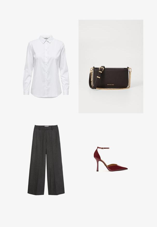 Sarkans audums ar reljefu laukumu, ar saliektām piedurknēm un nelielu kabatas detaļu. Redzamas ir tīras līnijas un mūsdienīga dizaina elementi.; Balta krekla ar garām piedurknēm, strukturētu apkakli un noapaļotu apakšu. Izgatavots no gludas, viendabīgas auduma bez redzamām rakstu vai akcentu detaļām.; Platas kājas bikses tumši pelēkā audumā. Iezīmēts ar pielāgotu jostas vietu ar jostas cilpām, gludu tekstūru un minimālām šuvju akcents.; Augstas papēža bordo krāsas kurpes ar spīdīgu apdari, smaili purngalu, potītes siksniņu ar zelta sprādzi un plānu stiletto papēdi.; MICHAEL Michael Kors BRYANT SM XBODY POUCHETTE - Soma ar siksnu pāri ķermenim - chocolate