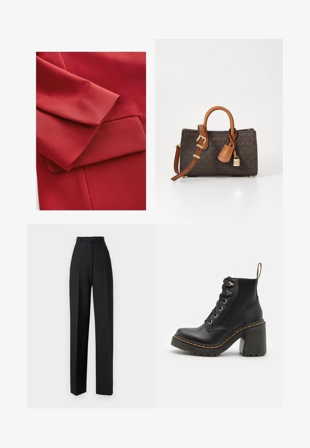 Raudonas audinys su tekstūru, sulenkta rankove ir maža kišenės detalė. Matomos švarios linijos ir modernūs dizaino elementai.; Juoda trumpa rankovė marškinėliai, pagaminti iš lygios medžiagos. Turi apvalų iškirpimą, be matomų raštų ar akcentų, siūlantys paprastą dizainą.; Juodos aukšto liemens kelnės su klostėmis, pasižyminčios pritaikytu dizainu ir tiesiomis kojomis. Pagamintos iš lygaus audinio, su minimaliais akcentais.; Juodos odinės kulkšninių botų su masyviu aukštu kulnu, raištelių uždarymu, metaliniais akies ir geltonais siūlais aplink pado kraštą. Grubus gumos padas.; Ruda monogramuota rankinė su šviesiai rudos odos akcentais, dviem rankenomis ir reguliuojamu peties diržu. Savybė – auksinis užraktas ir prekės ženklą žymintis ženkliukas.