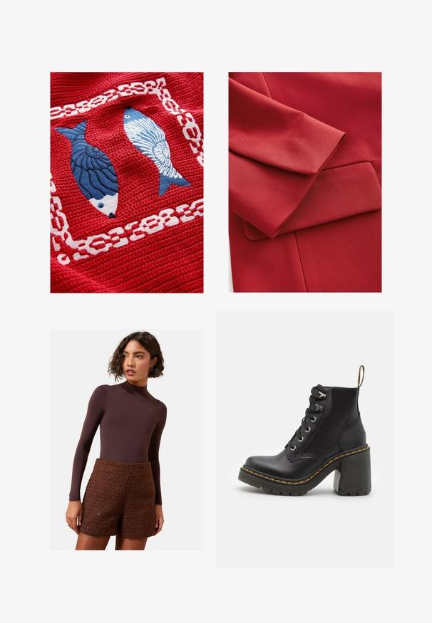 Tessuto rosso caratterizzato da una superficie texturizzata con una manica piegata e un piccolo dettaglio della tasca. Sono visibili linee nette ed elementi di design moderno.; Tessuto rosso testurizzato con due pesci ricamati, uno blu scuro con squame e l'altro blu chiaro con un motivo a righe, circondati da un design a catena bianco.; Body a maniche lunghe marrone abbinato a pantaloni corti in maglia marrone testurizzata. Il body ha un collo alto, mentre i pantaloni corti presentano un design strutturato.; Stivaletto in pelle nera con tacco alto chunky, lacci frontali, occhielli in metallo e cuciture gialle lungo la suola. Suola in gomma testurizzata.