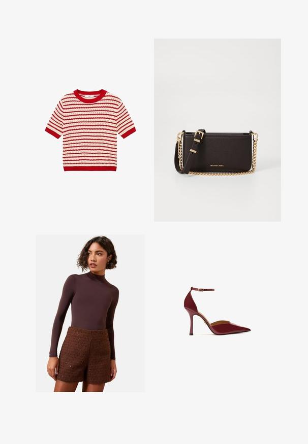 Roter Stoff mit einer strukturierten Oberfläche, einem gefalteten Ärmel und einem kleinen Taschendetail. Saubere Linien und moderne Designelemente sind sichtbar.; Mango MIMOI - T-Shirt print - red; Weißes Hemd mit langen Ärmeln, strukturiertem Kragen und abgerundetem Saum. Hergestellt aus einem glatten, einfarbigen Stoff ohne sichtbare Muster oder Akzente.; Brauner Langarm-Body kombiniert mit strukturierten braunen Strickshorts. Der Body hat einen hohen Kragen, während die Shorts ein strukturiertes Design aufweisen.; Burgunderfarbene High Heels mit glänzender Oberfläche, spitz zulaufender Zehenpartie, einem Knöchelriemen mit goldener Schnalle und einem schlanken Stiletto-Absatz.; MICHAEL Michael Kors BRYANT SM XBODY POUCHETTE - Umhängetasche - chocolate