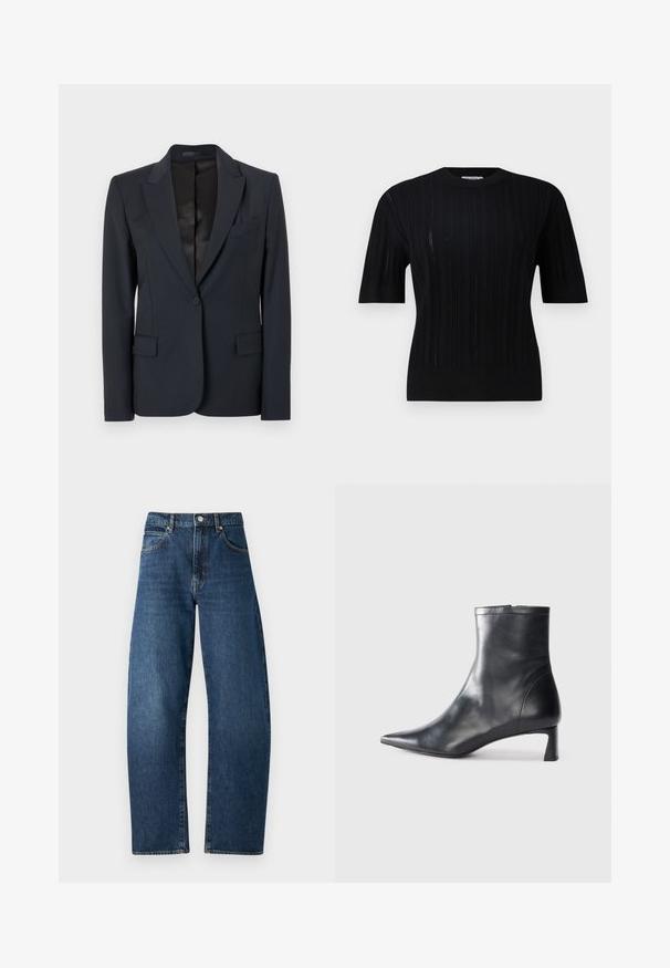 Tumši jūras zila bleizeris ar strukturētu dizainu, ar ieliektām atlociņām, vienas pogas aizdari un divām priekšējām kabatām. Gluda auduma ar vieglu tekstūru.; Filippa K BRAID - Džemperis - black; Zili zili džinsi ar augstu vidukli, taisnu kāju dizainu, redzamām diegu šuvēm, piecām kabatām un pogu aizdari. Klasisks tumšs mazgāšanas beigas.; Melnas ādas potītes zābaki ar norādītu pirkstu un elegantu dizainu. Iezīmē zemu papēdi un rāvējslēdzēja aizdari aizmugurē. Gluda tekstūra.